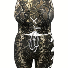 Snake Skin Print Cut Out Drawstring Lace Up Tank Top & Shorts Set