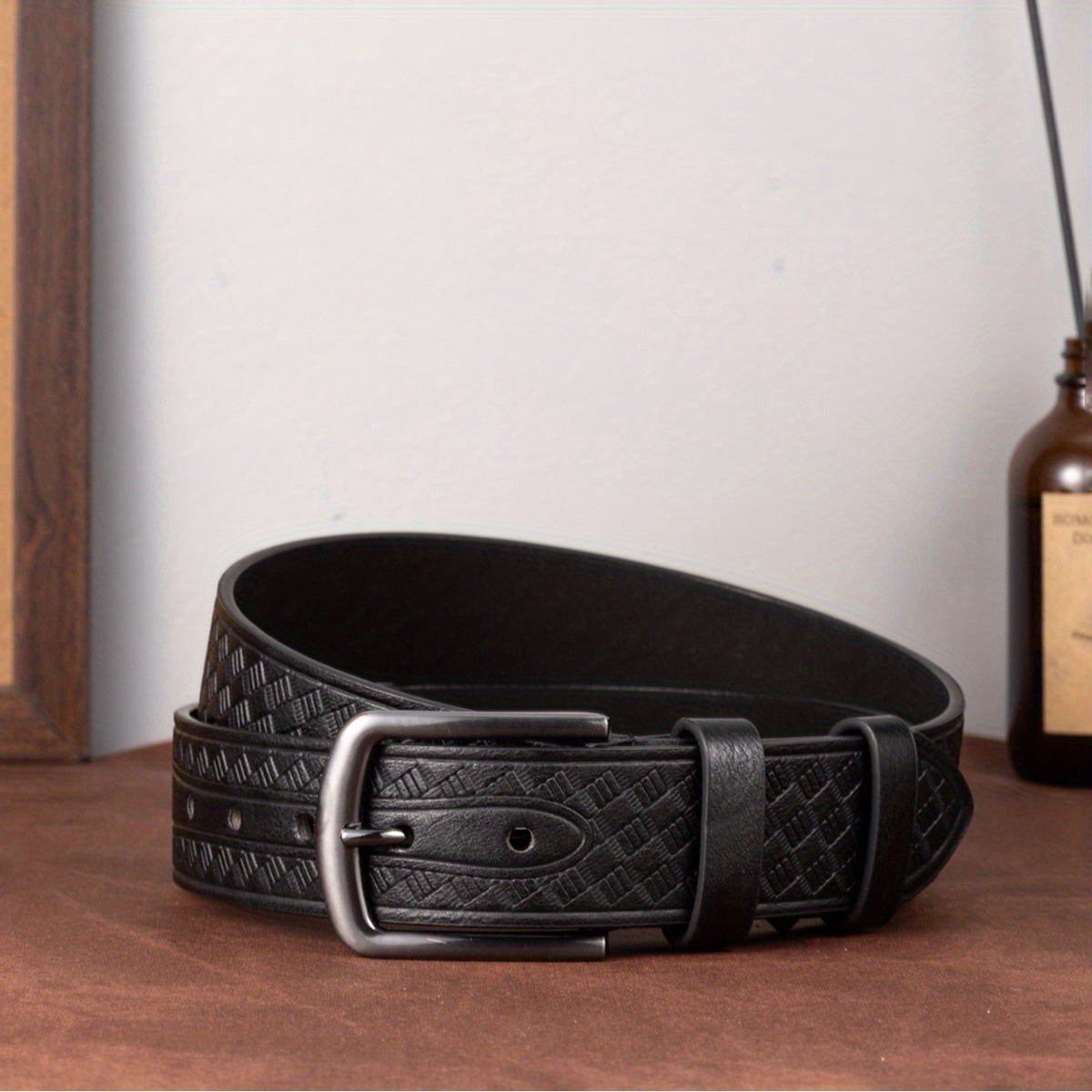 Men's Diamond Pattern Dress Belt Alloy Buckle PU Uniform Accessories