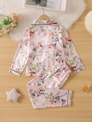 Kids Flower Pattern Satin Lounge Wear Top & Pants Set