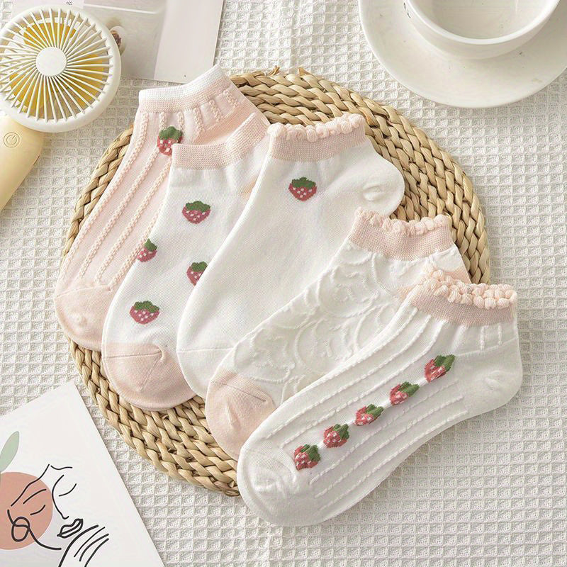 5 Pairs Strawberry Short Socks Breathable Ankle Socks Women's Stockings