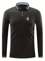 Men's Eagle Head Print Long Sleeve Polo Shirt