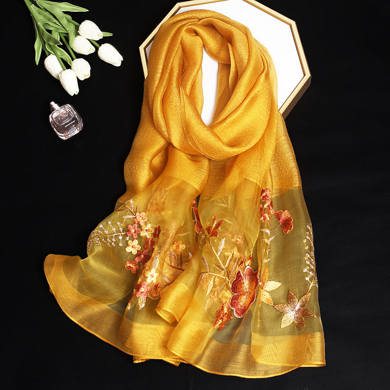 Embroidered Flower Silk Scarf Shawl for Women
