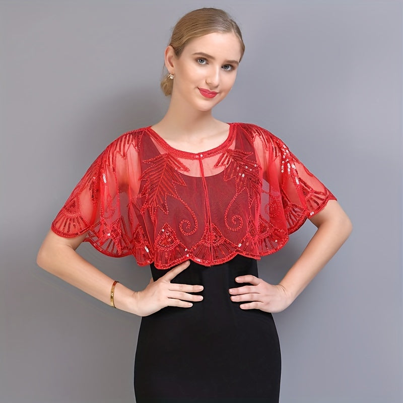 Vintage Flapper Shawl Sequin Beads Ruffles Cape Wrap