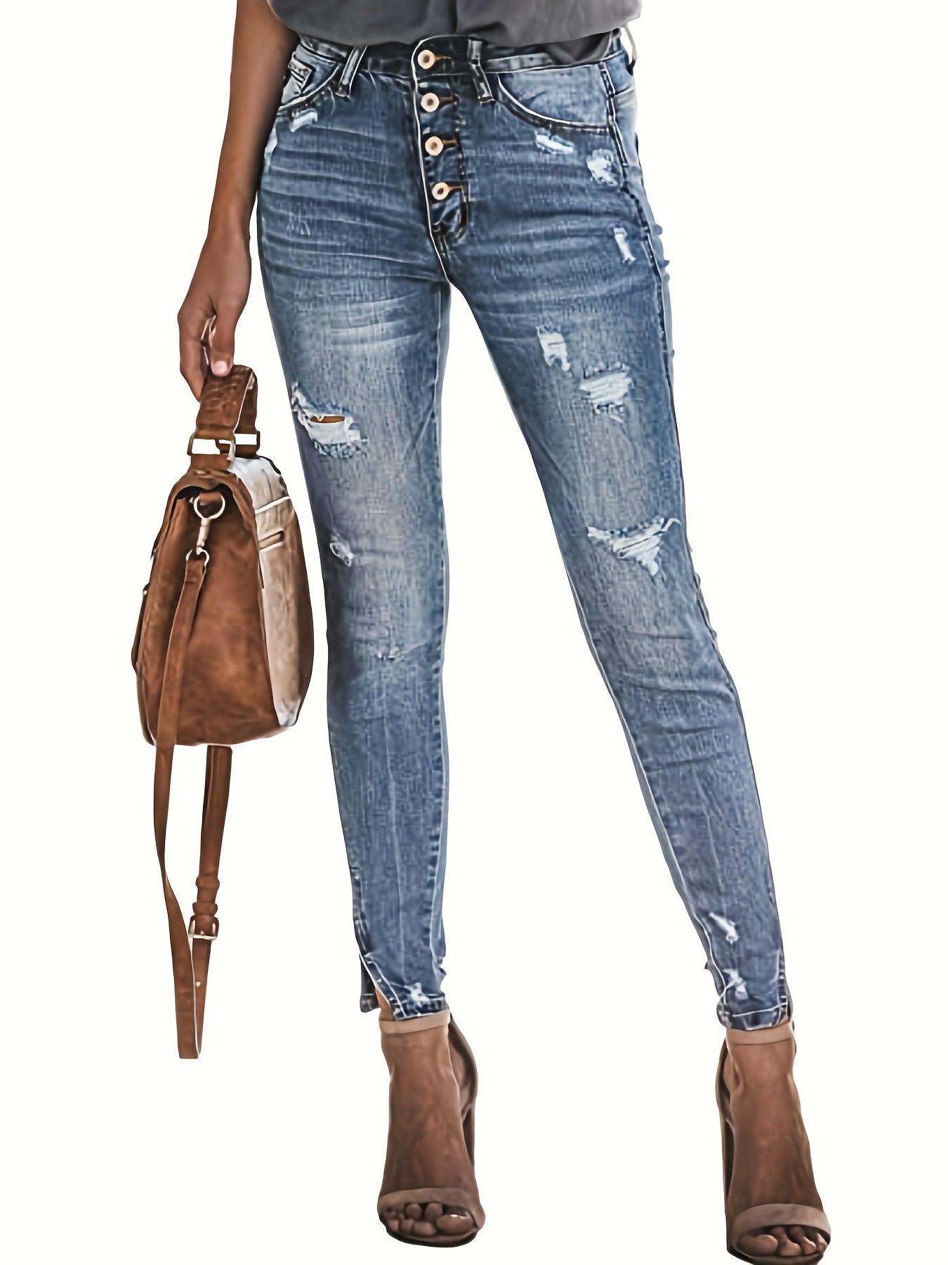 Ripped Holes Skinny Jeans Slim Fit Single Breasted Button Split Denim Pants