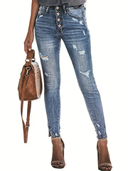 Ripped Holes Skinny Jeans Slim Fit Single Breasted Button Split Denim Pants