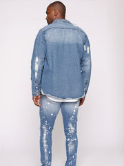 Men's Casual Denim Shirt Turn Down Collar Button Up