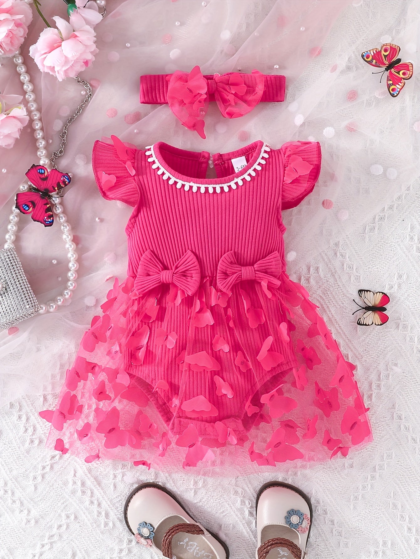 2pcs Baby Girls Butterfly Bowknot Onesie Dress & Headband Set