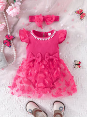 2pcs Baby Girls Butterfly Bowknot Onesie Dress & Headband Set