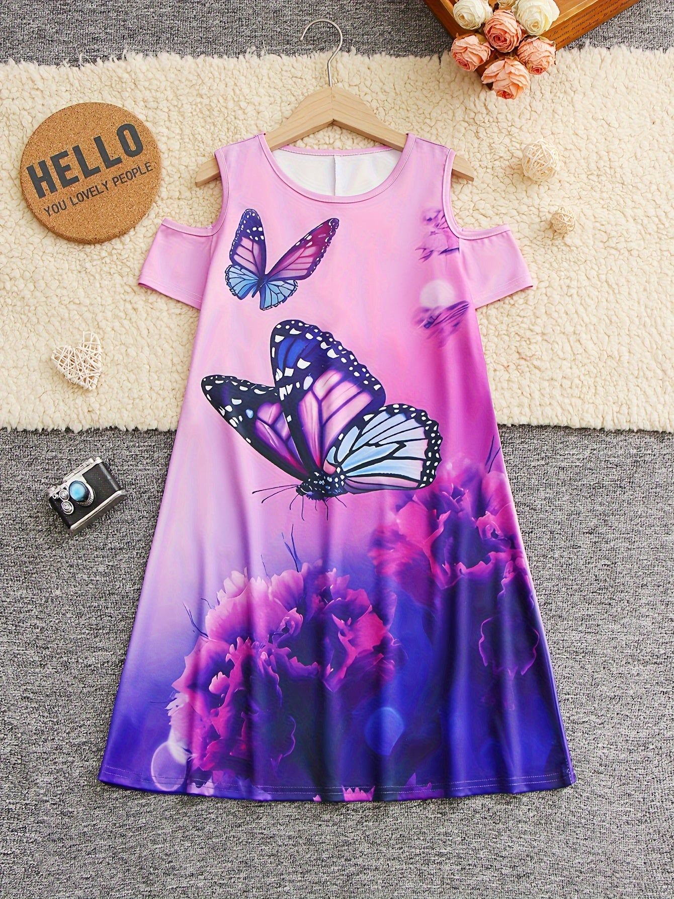 Butterfly Graphic Cold Shoulder Dress for Girls