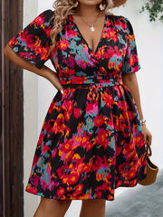 Plus Floral Print Butterfly Sleeve Surplice Neck Mini Dress