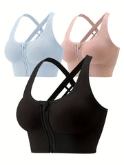 3pcs Front Zipper Sports Bras Criss Cross Back Stretch Bra Women's