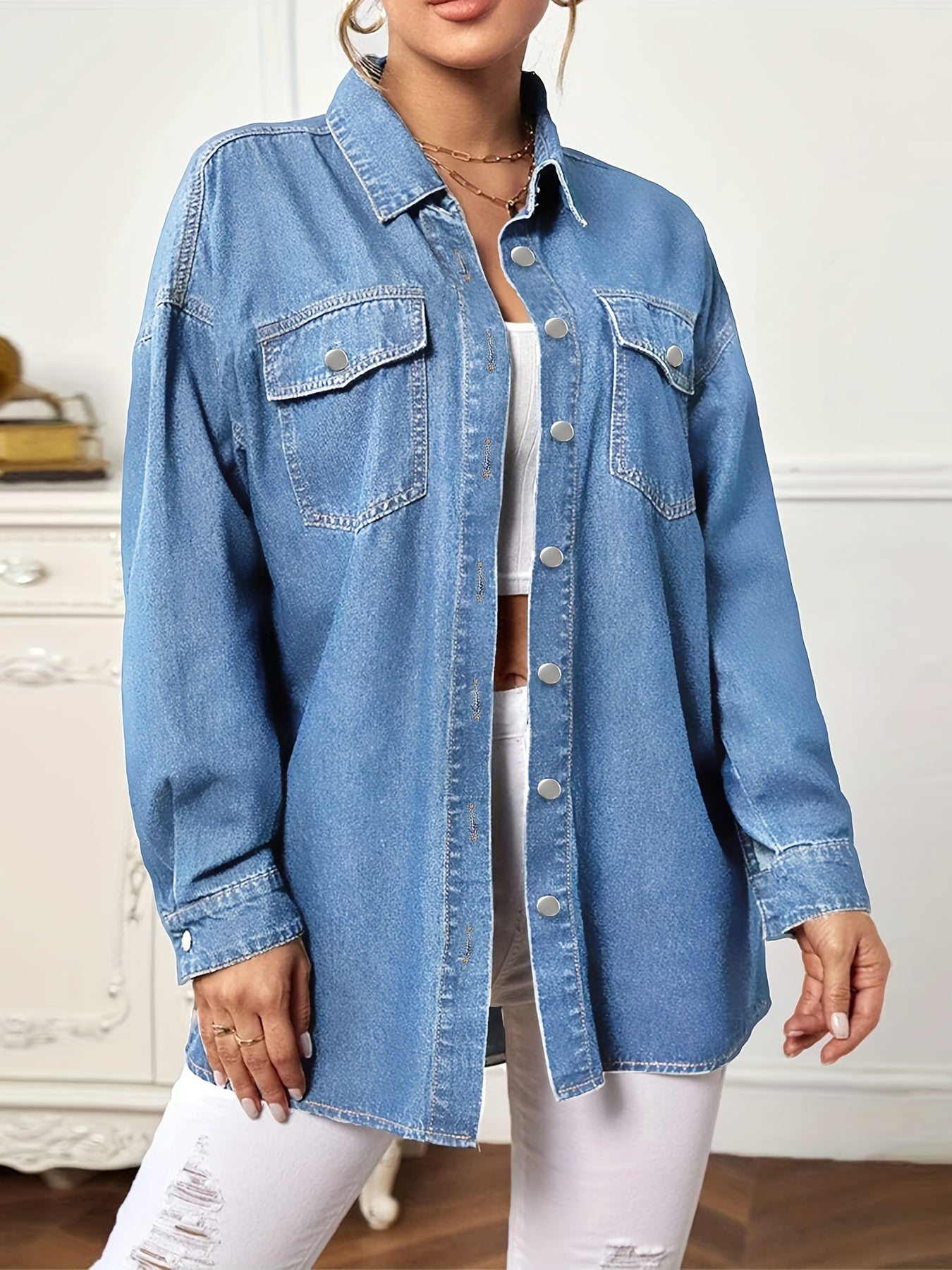 Flap Pockets Long Sleeves Denim Jackets Women's Clothing