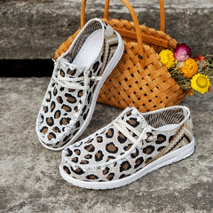 Leopard Print Lace Up Flat Boat Shoes for Women