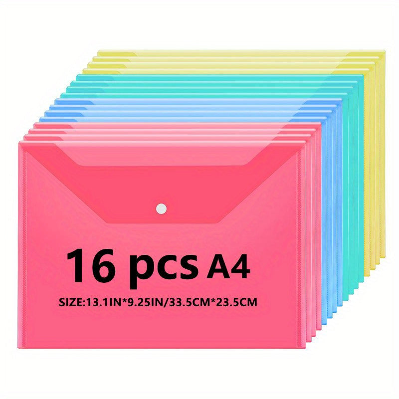 16pcs A4 Transparent Folder Button File Bag for Students Office School Home