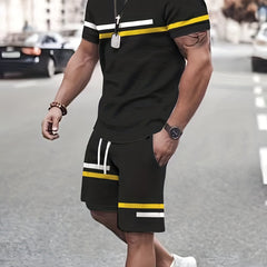 Strip Pattern 2Pcs Outfits Men Crew Neck Tee & Drawstring Shorts Set Summer