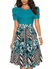 Vintage Floral Crew Neck Dress Short Sleeve Party Dress