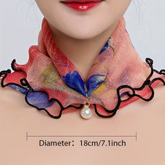 Mesh Scarf Colorful Print with Faux Pearl Pendant