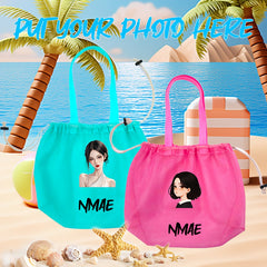 Custom Photo Beach Bag Pink Green Mesh Tote Ergonomic Strap