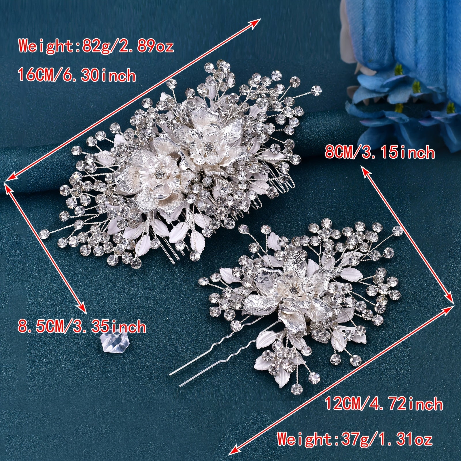 Silvery Flower Hair Comb and Rhinestone Hair Clip Set - Bridal Headwear