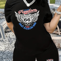 Letter Print Matching Two piece Set Casual Short Sleeve T shirt & Biker Shorts