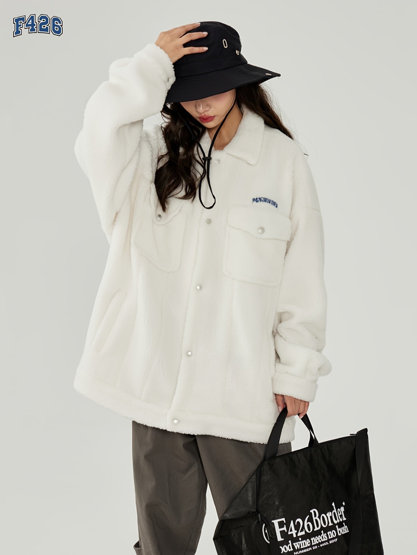 Letter Embroidery Lapel Jacket Teddy Coat for Women