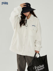 Letter Embroidery Lapel Jacket Teddy Coat for Women