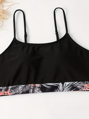 Tropical Print 3 Piece Set Swimsuits Floral Plants Cover Up Top Bottom