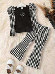 Girl's Heart Print Top & Flared Pants Set Houndstooth Pattern Outfit