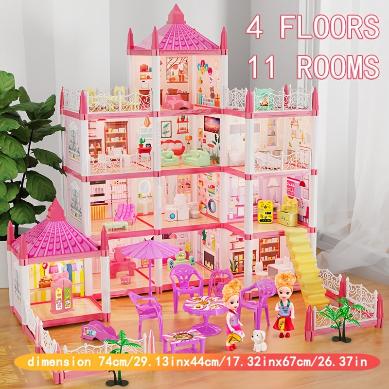 4 Floor Princess Playhouse Dollhouse w/ 11 Rooms Pretend Play Toy