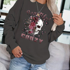 Crazy Skull Print Pullover Sweatshirt for Women