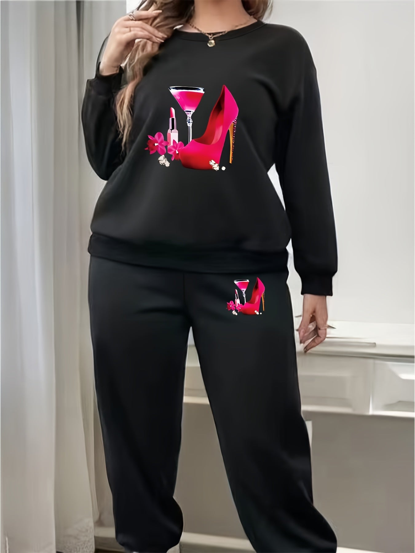 Women's Plus High Heel & Lipstick & Wine Glass Print Sweatshirt & Jogger