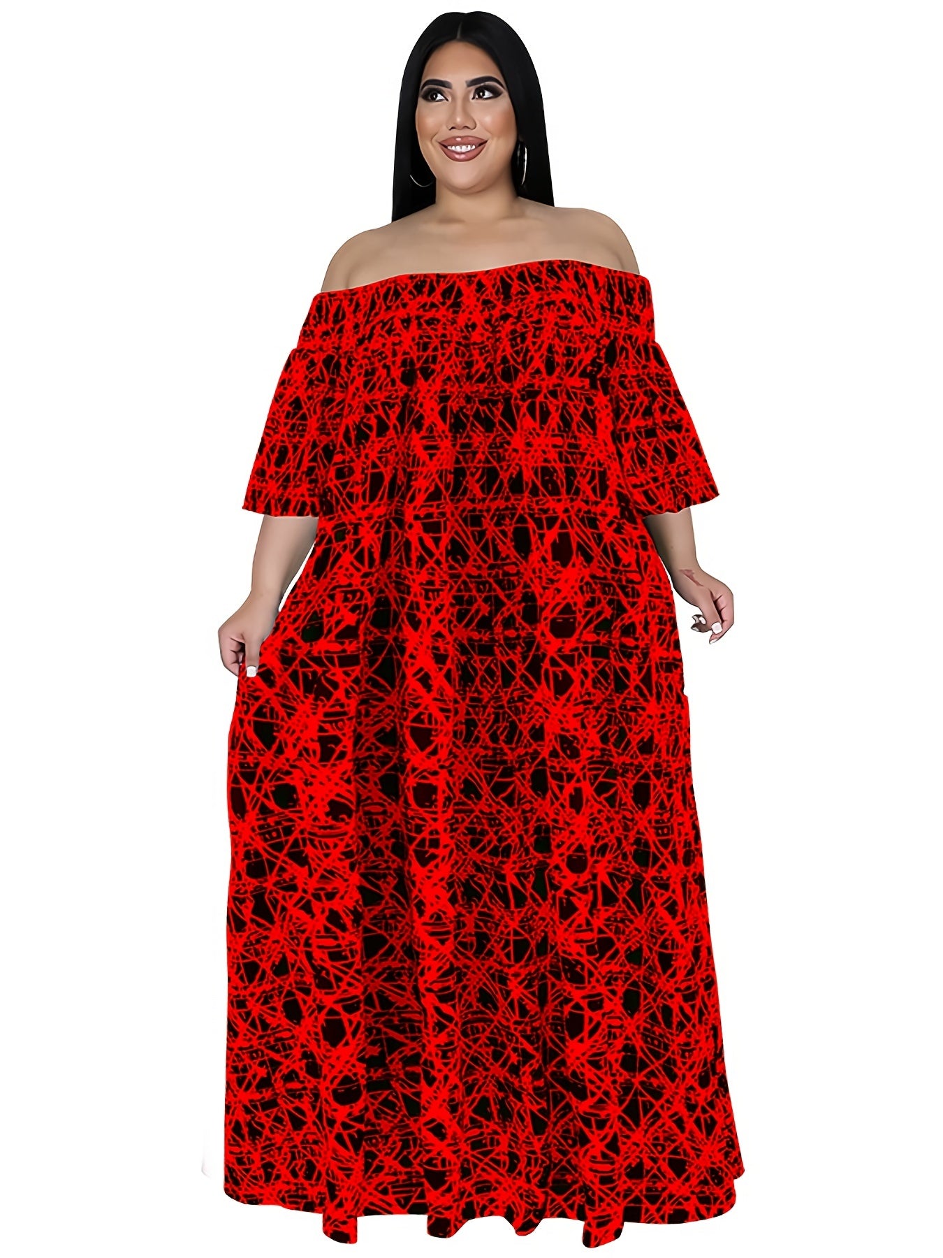 Graphic Print Off Shoulder Maxi Dress Plus Medium Stretch