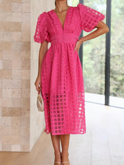 Windowpane Solid Lantern Sleeve Midi Dress