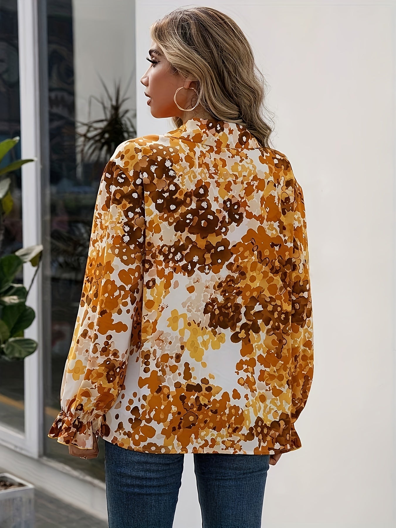 Casual Blouse Lantern Sleeve Turn Down Collar Blouse