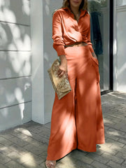 Casual Two Piece Set Long Sleeve Blouse & Wide Leg Pants Outfit