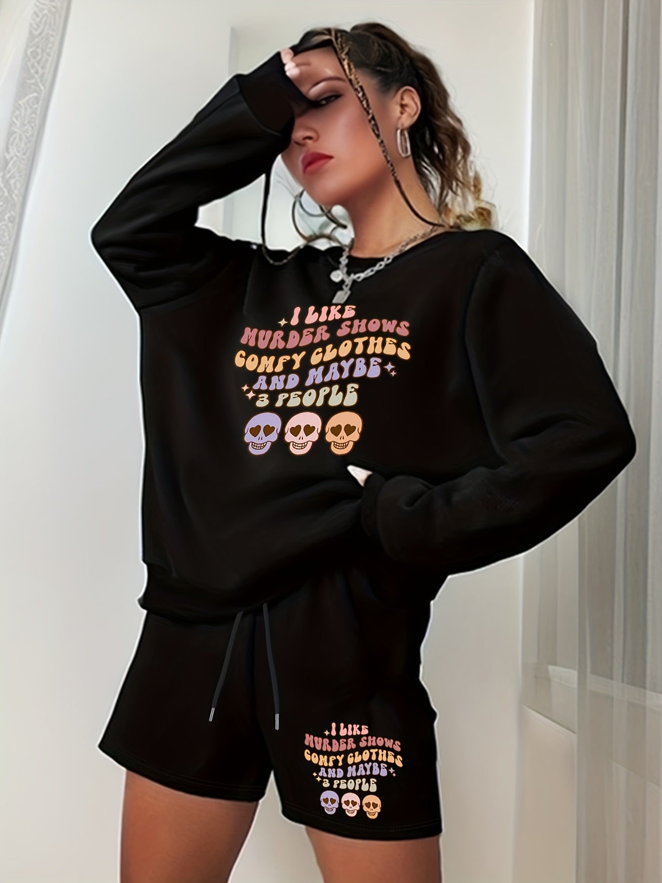 Women's Letter & Graphic Print 2pcs Set Sweatshirt & Shorts Outfit
