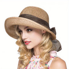 Vintage Sun Hat Bowknot Crochet Straw Hat Foldable Fedora Cap