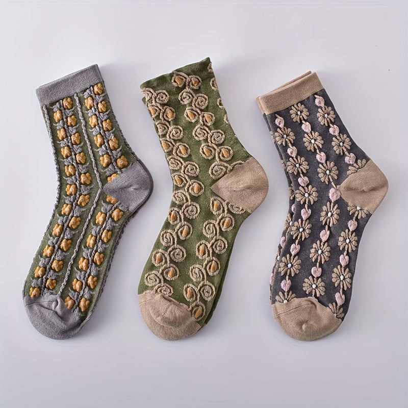 5 Pairs Retro Floral Textured Women's Socks All-match Stock