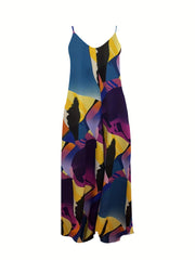 Casual Cami Jumpsuit Random Print V Neck Wide Leg With Pockets
