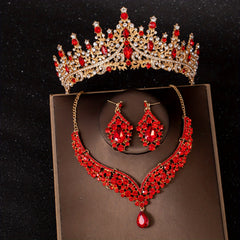 3pcs Red Princess Queen Crown Necklace Earrings Set