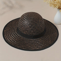 Vintage Dark Brown Crochet Sun Hat Wide Brim UV Protection Boonie Fisherman Cap