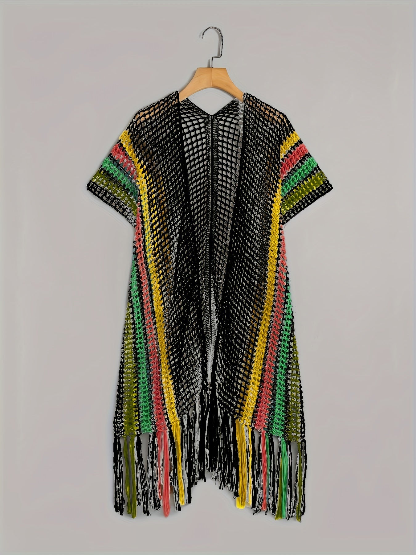 Open Knit Tassel Cover Up Short Sleeve Beach Cover Up Women's Swimwear