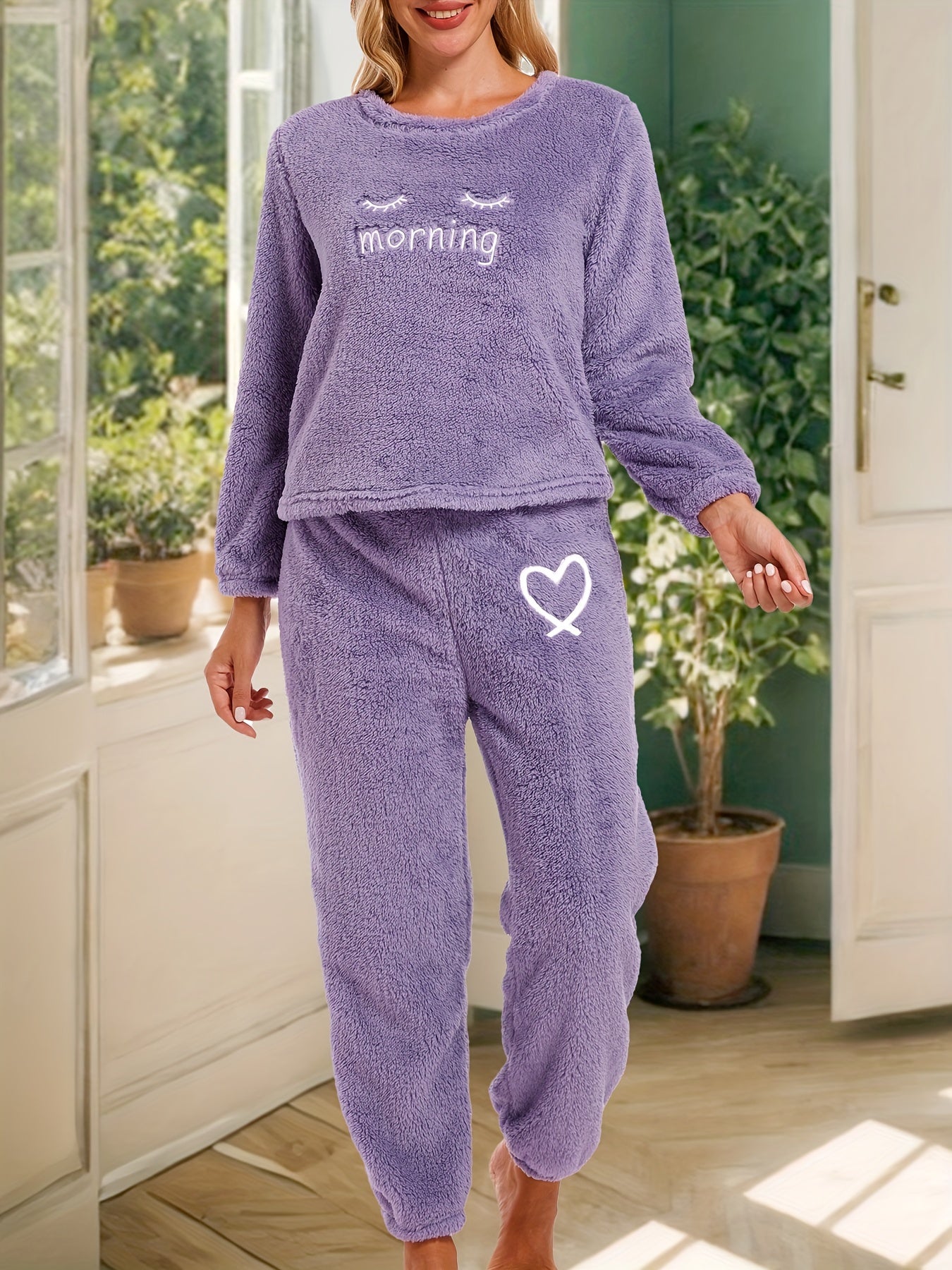 Cozy Fuzzy Pajama Set Long Sleeve Top & Elastic Waistband Pant