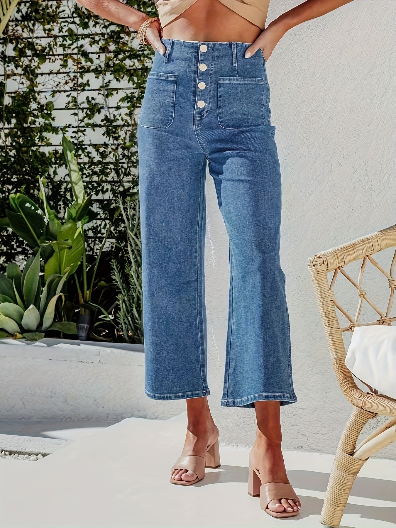 Cropped Jeans Button Fly Loose Fit Straight Leg Denim Pants