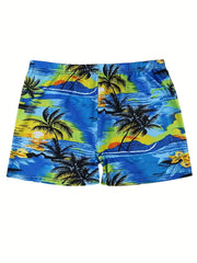 Men's Palm Tree Print Casual Beach Shorts Elastic Waist
