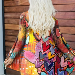 Heart Print Open Front Cardigan Casual Long Sleeve Cardigan