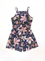Girls Flowers Print Cami Romper Stretch Suspenders Jumpsuit