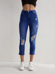 Ripped Holes Cropped Jeans Slim Fit High Stretch Capris Denim Pants