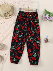 Girls' Rose Floral Print Casual Jogger Elastic Waist Trousers