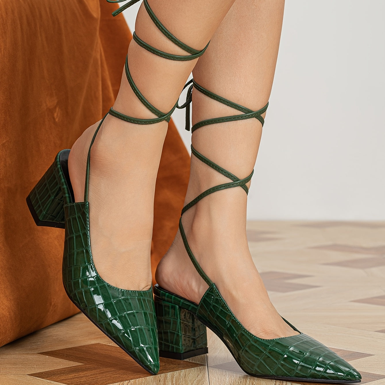 Strappy Chunky Heel Slingback Lace Up PU Leather Pumps